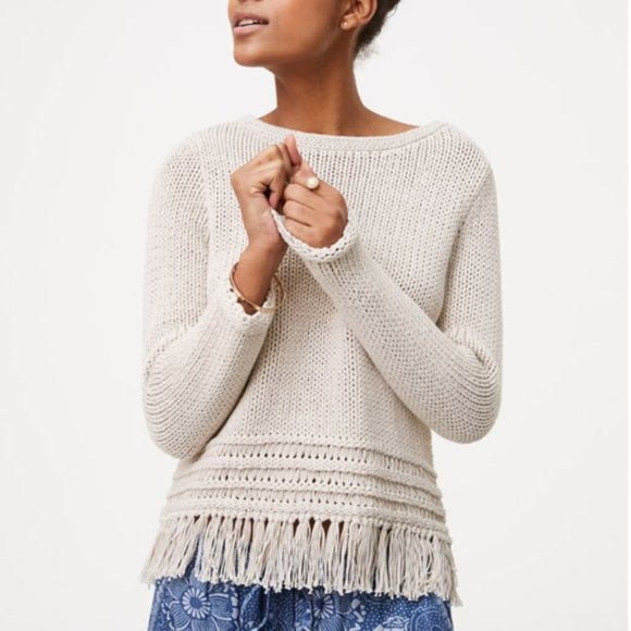 LOFT Beige/Tan Fringe Sweater Sz M - Picture 1 of 4